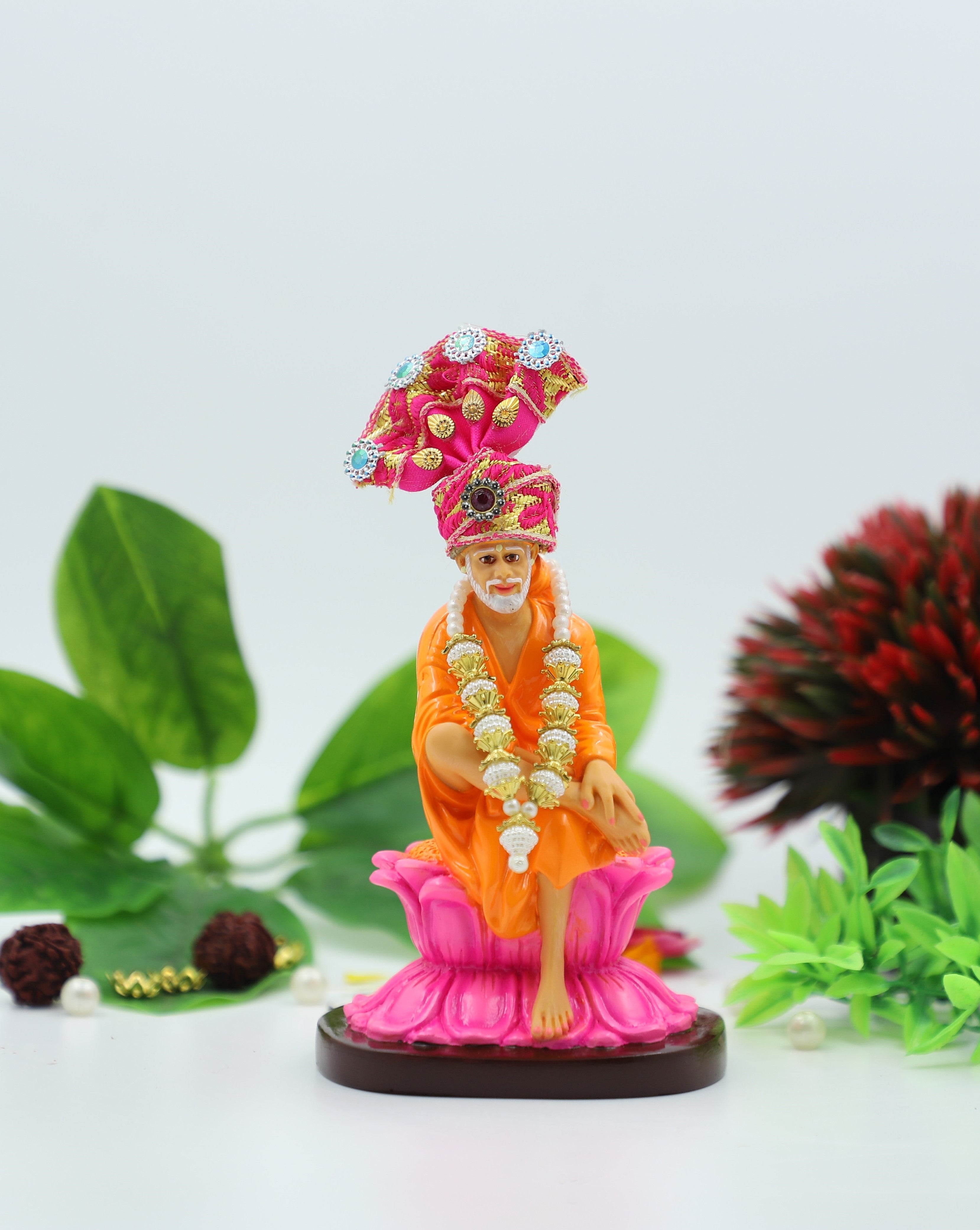 🛕 Hemant Art Shirdi Sai Baba Idol / Statue / Murti – Sitting on Lotus (4.5 Inch Orange)